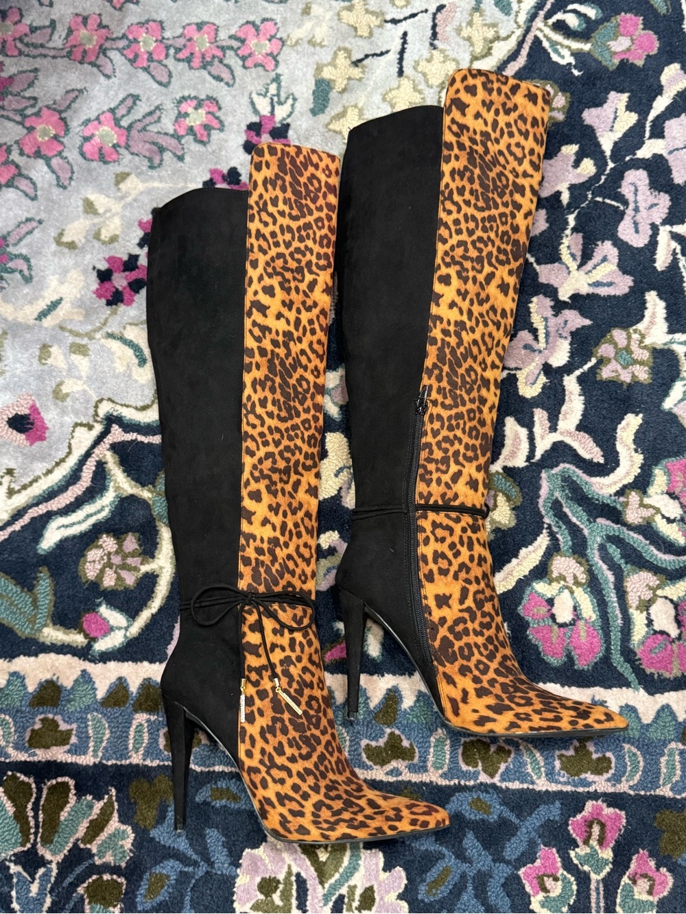 🐆▪️Black + Leopard Over-the-Knee Stiletto Boots with Rhinestone Tassel Ties▪️🐆 - Picture 2 of 8